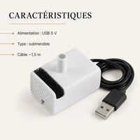 Caracteristiques pompe universelle : USB 5 V, submersible, cable 1,5 m