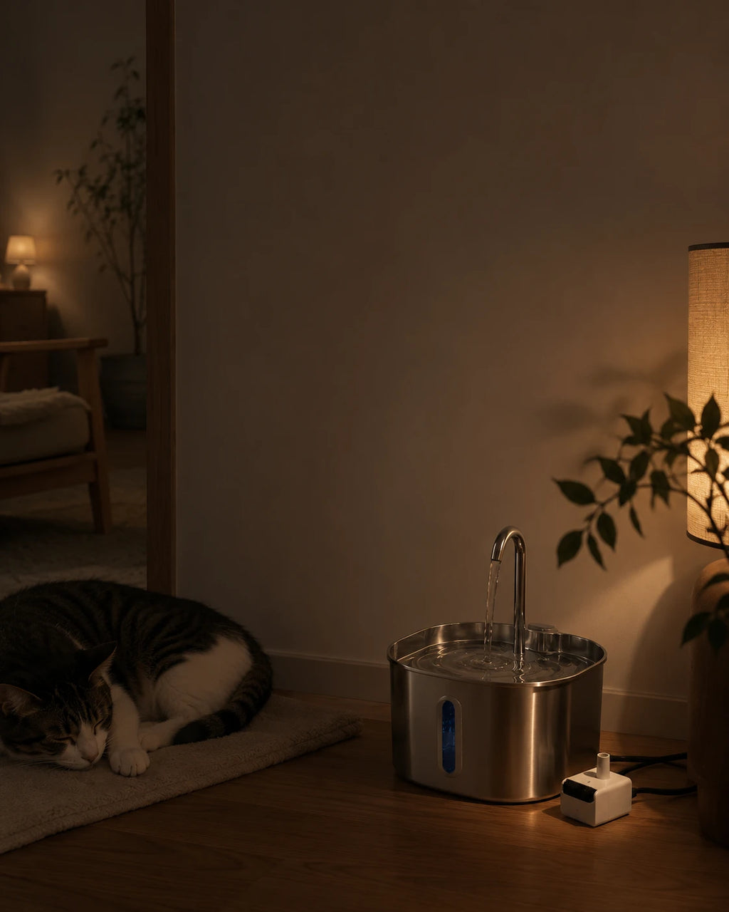 Fontaine a chat avec pompe universelle en soiree