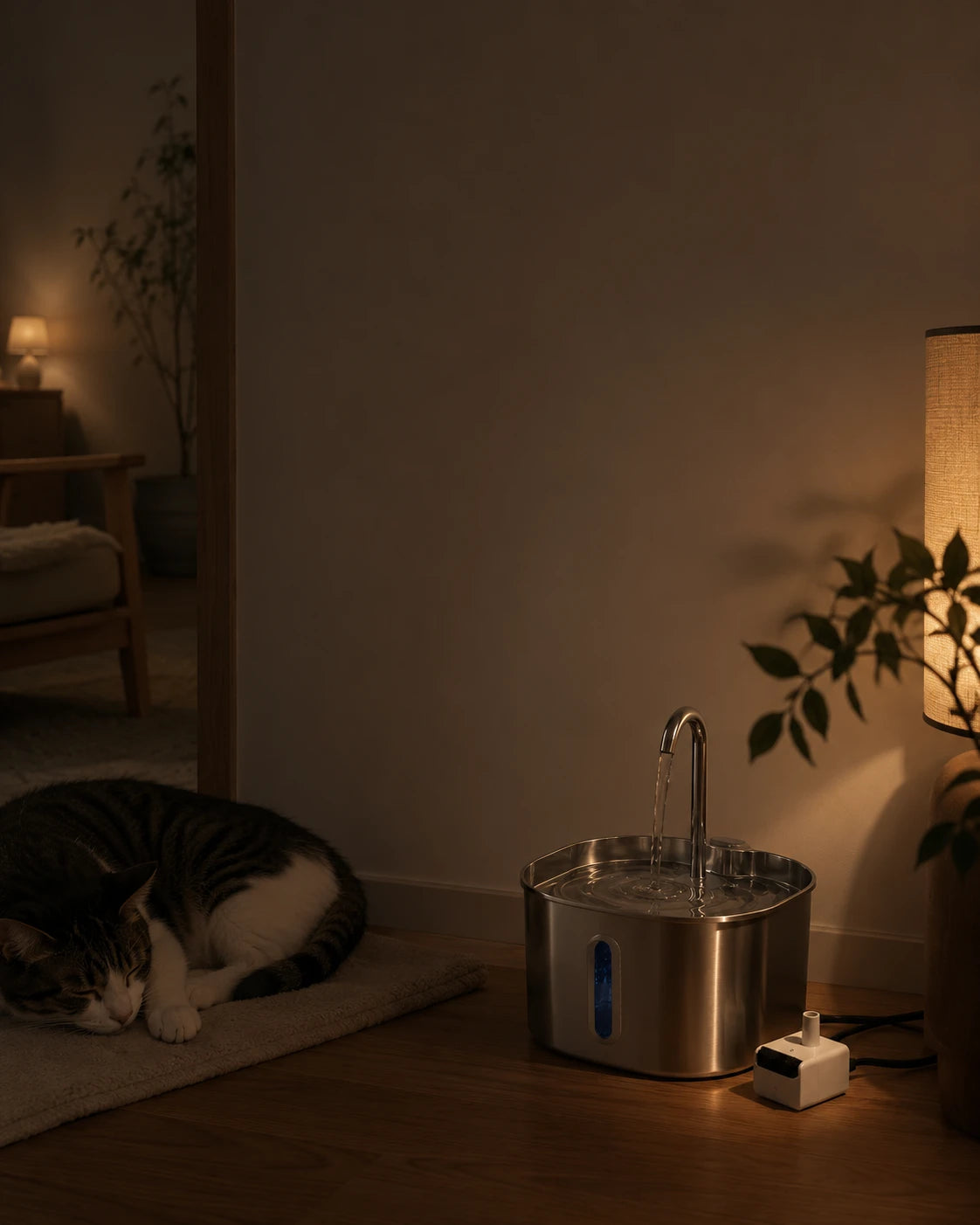 Fontaine a chat avec pompe universelle en soiree