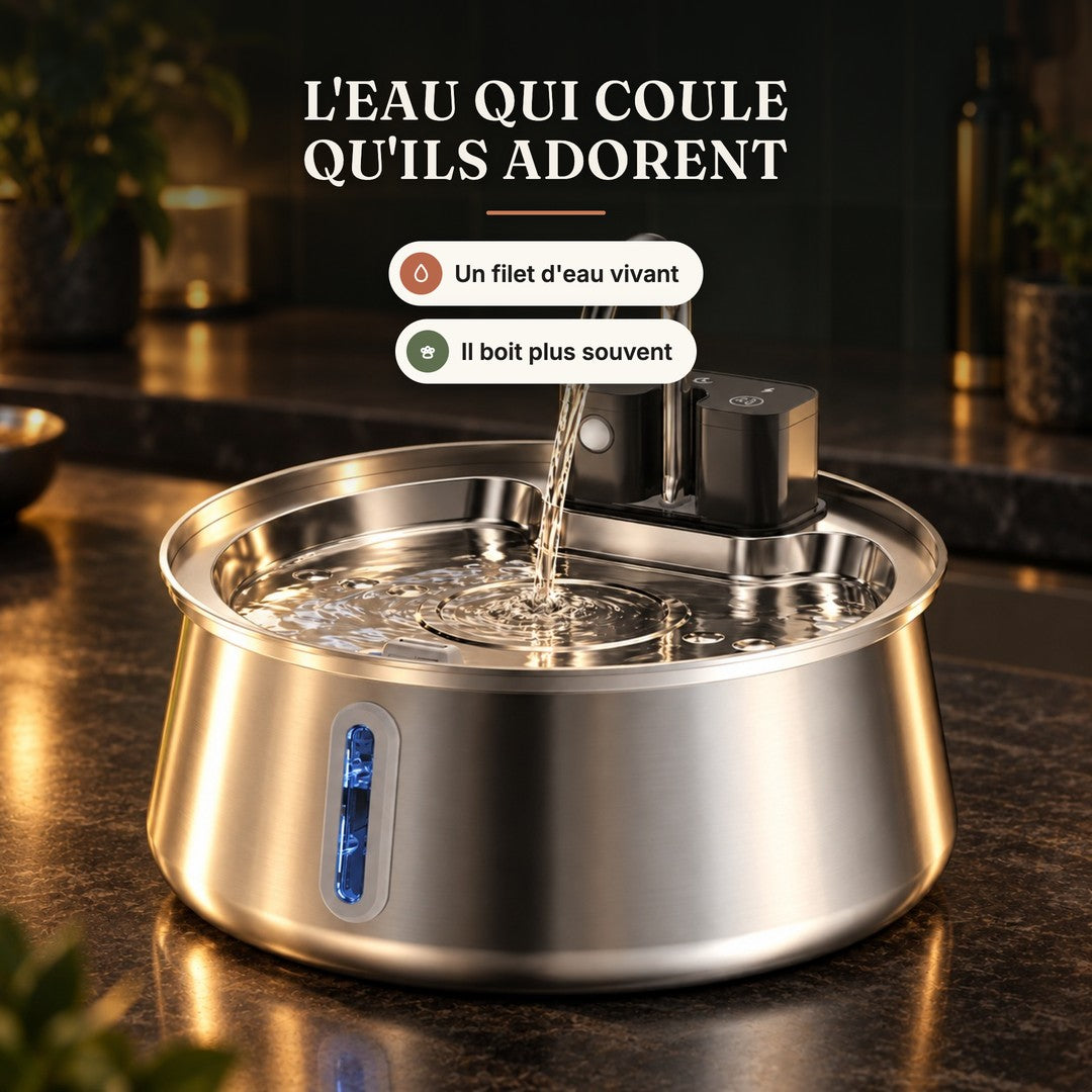 Fontaine à eau pour chat en inox sans fil 4 L à bec robinet, l'eau qui coule