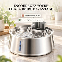 Chat qui boit l'eau courante d'une fontaine inox 4 L à bec robinet