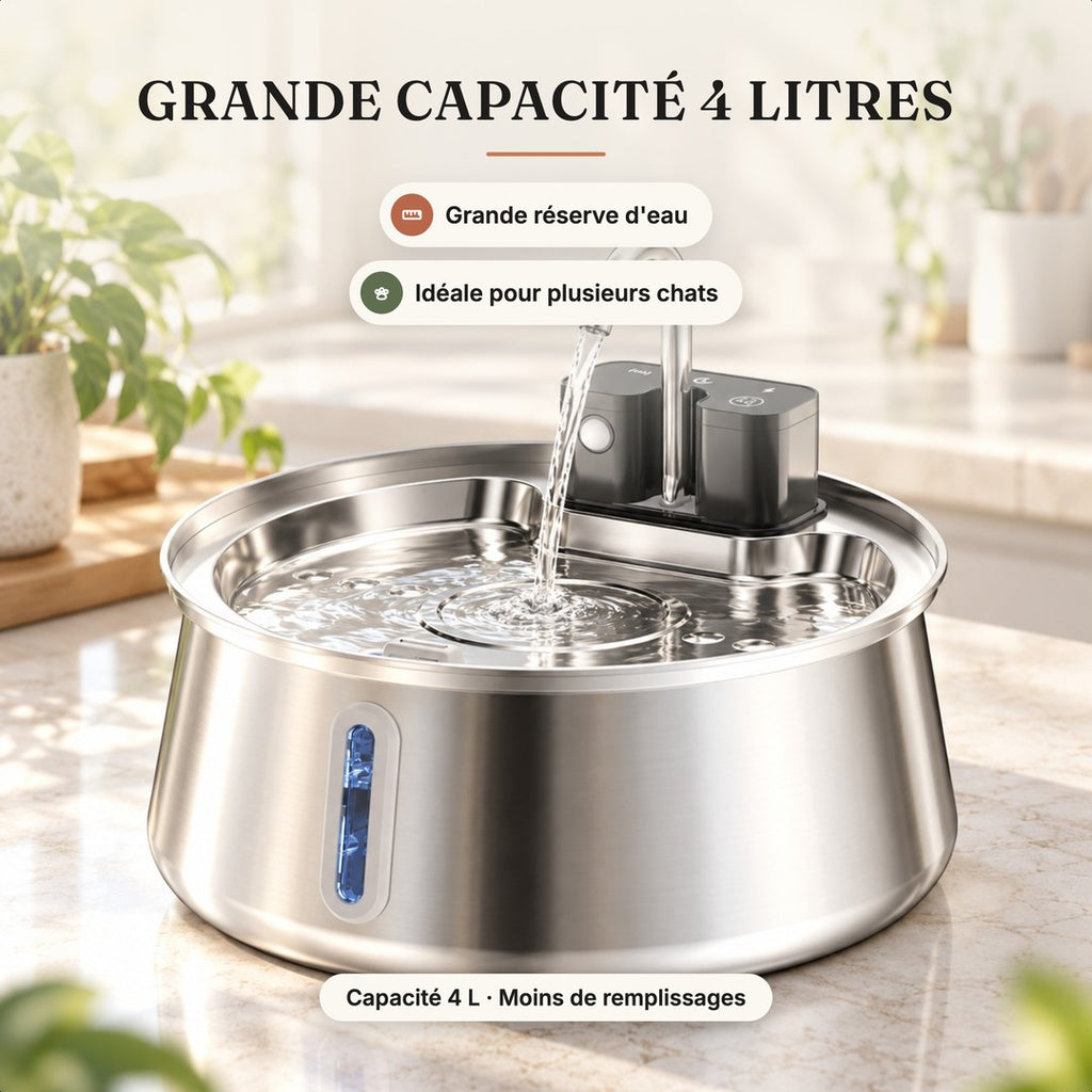 Dimensions de la fontaine à eau pour chat inox 4 L, grande réserve plusieurs chats