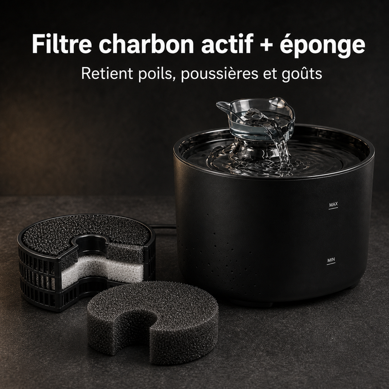 Eau filtrée propre — Fontaine à eau compacte noire pour chat – 2,2 L