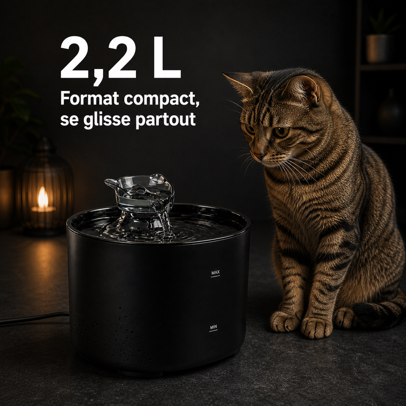 Format et capacité — Fontaine à eau compacte noire pour chat – 2,2 L
