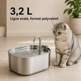 Format et capacité — Fontaine à eau en acier inoxydable ovale pour chat – 3,2 L