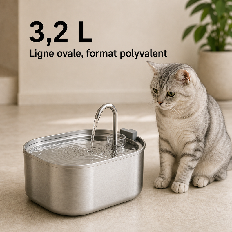Format et capacité — Fontaine à eau en acier inoxydable ovale pour chat – 3,2 L