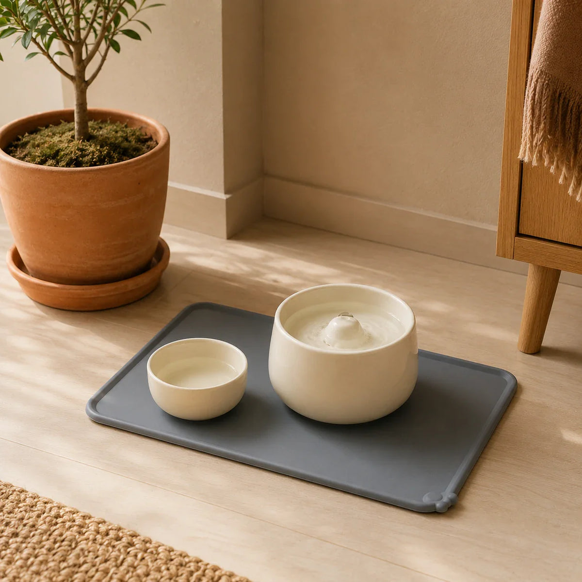Tapis anti-débordement dans un coin repas chat cosy