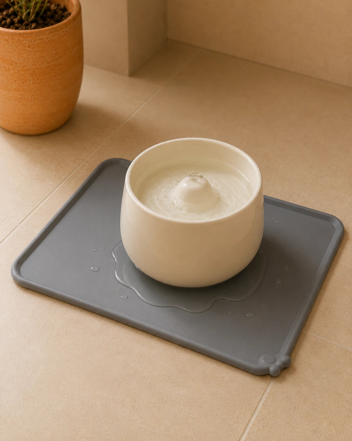 Eau de la fontaine retenue par le rebord du tapis anti-débordement