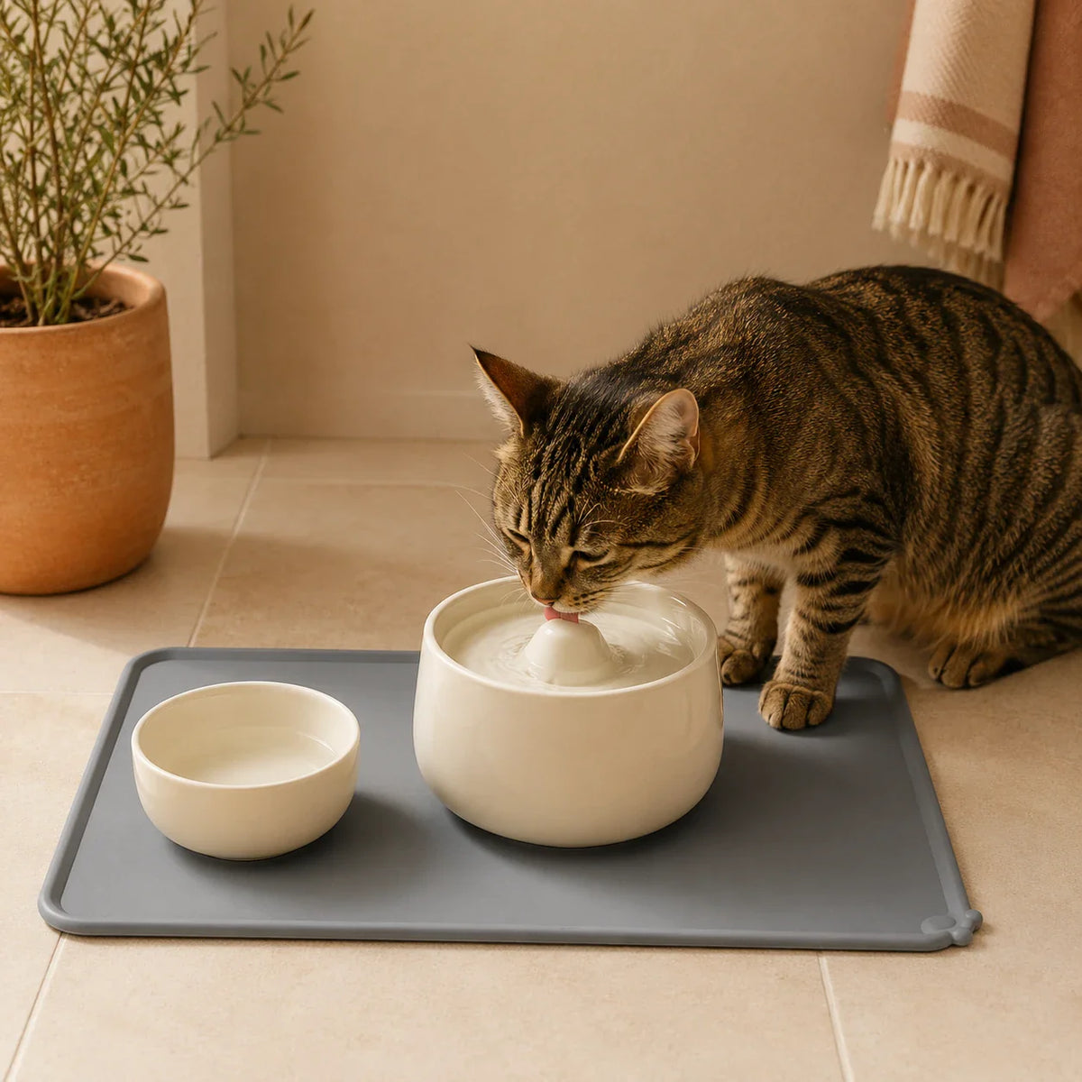 Tapis anti-débordement sous une fontaine à eau, chat qui boit