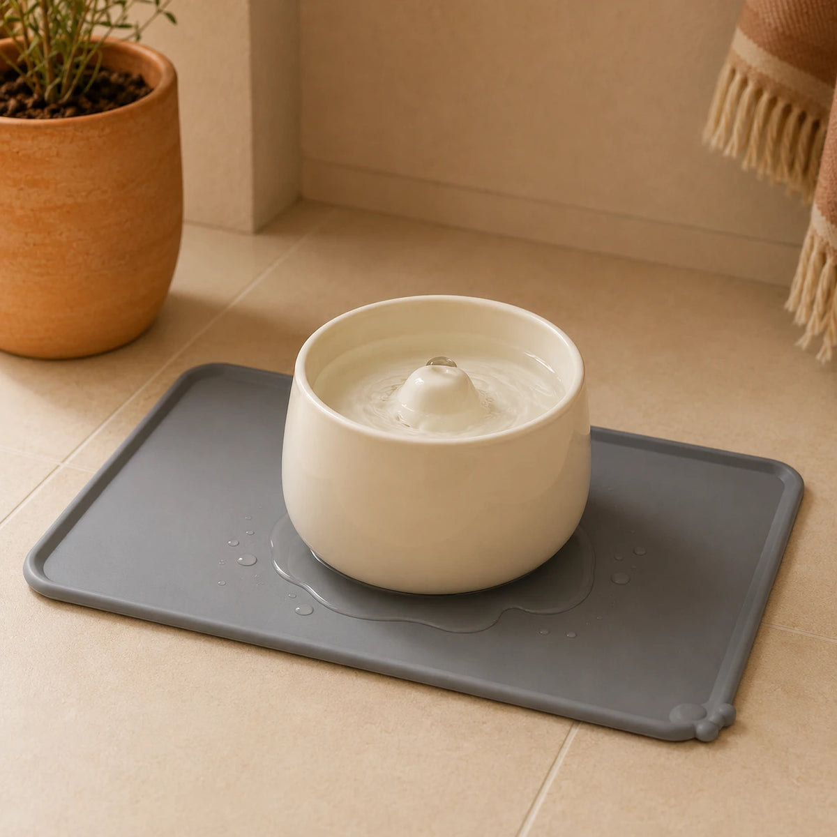 Gros plan du rebord du tapis retenant l'eau de la fontaine