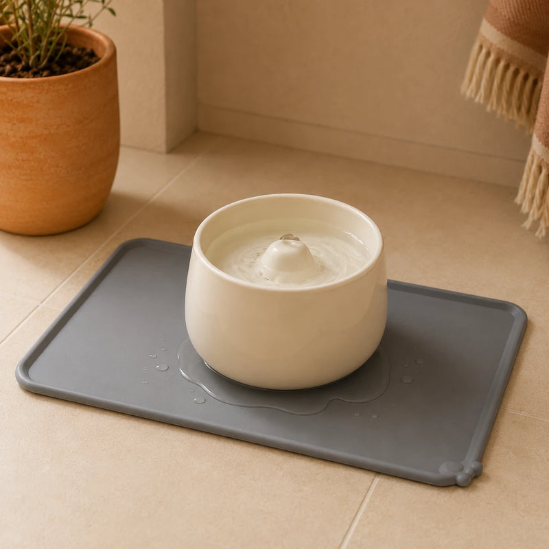Gros plan du rebord du tapis retenant l'eau de la fontaine