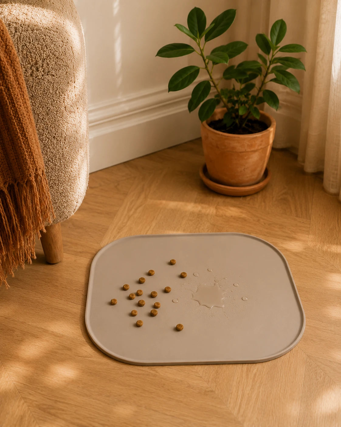 Le tapis retient les croquettes, sol propre