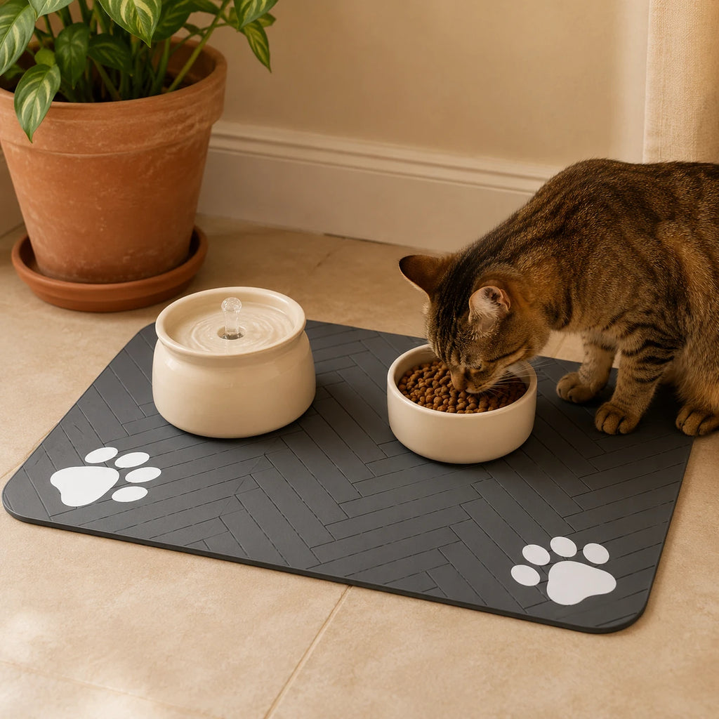 Tapis sous-bowl gris sous une fontaine et gamelle, chat qui mange